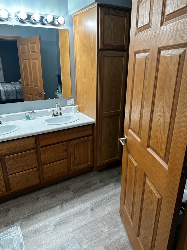 bathroom with vanity and hardwood / wood-style flooring