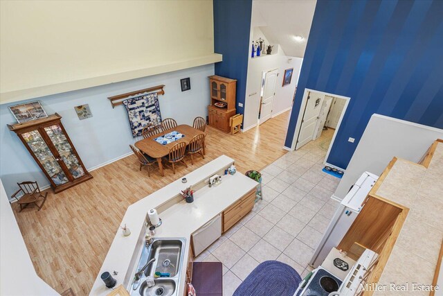 living room with light hardwood / wood-style floors and a high ceiling