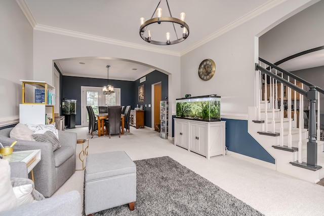 living room featuring crown molding and light colored carpet