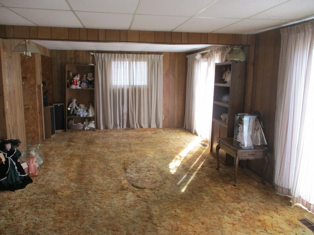 interior space featuring wooden walls