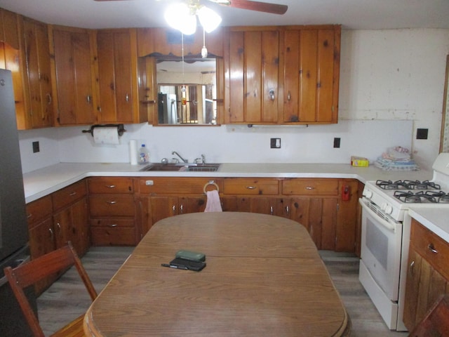 kitchen featuring hardwood / wood-style flooring, ceiling fan, sink, and white gas range oven