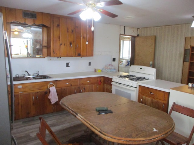 kitchen with sink, ceiling fan, fridge, dark hardwood / wood-style flooring, and white range with gas cooktop