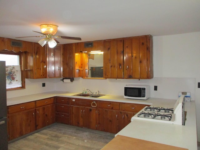 kitchen with ceiling fan, sink, light hardwood / wood-style floors, and white appliances