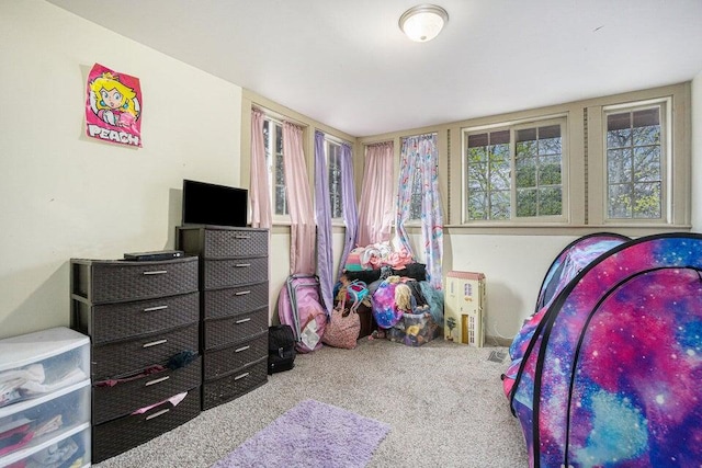 bedroom with light colored carpet