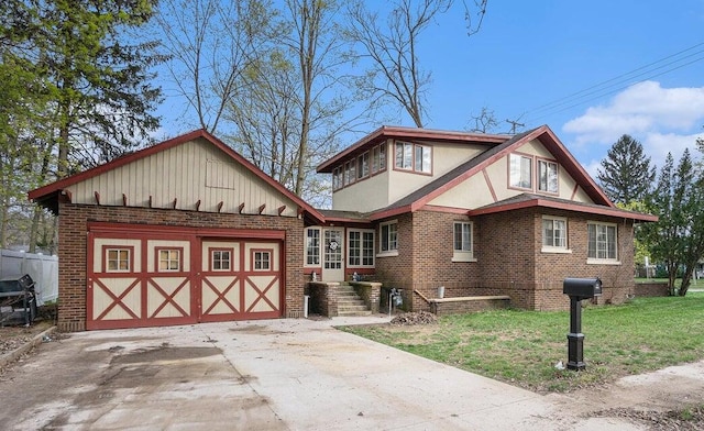 tudor-style house with a front yard and a garage