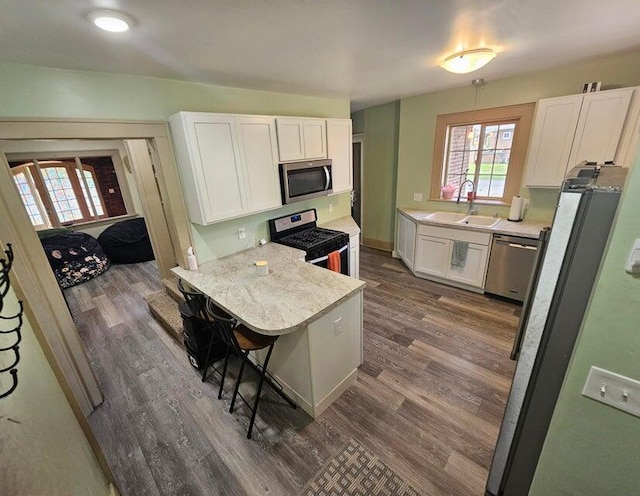 kitchen with white cabinetry, stainless steel appliances, sink, and dark hardwood / wood-style floors