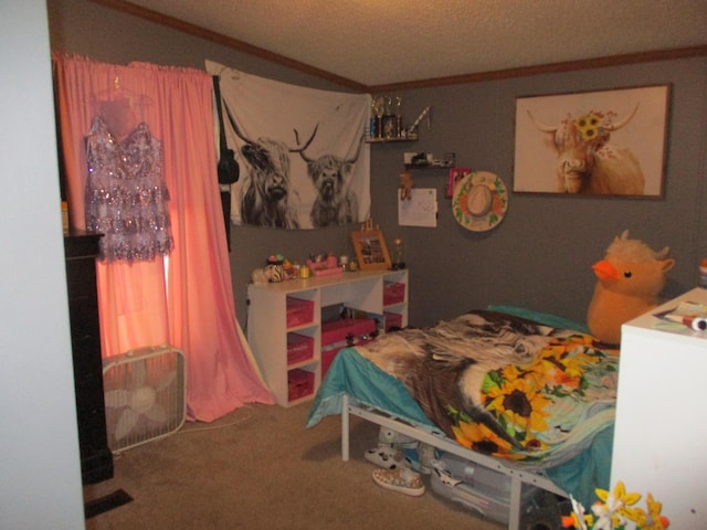 bedroom with carpet flooring and crown molding