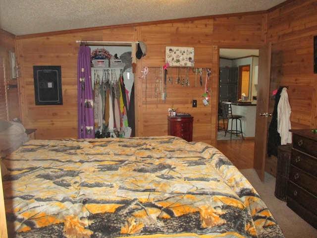 bedroom with lofted ceiling, a textured ceiling, electric panel, and a closet