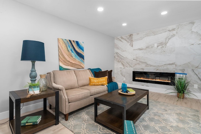 living room with a premium fireplace and hardwood / wood-style floors