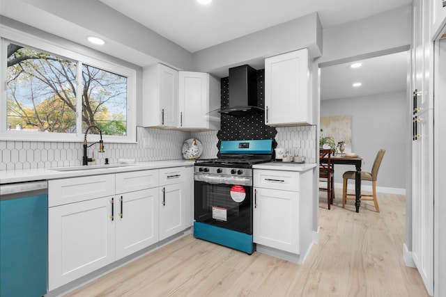 kitchen with wall chimney exhaust hood, decorative backsplash, white cabinetry, and stainless steel appliances