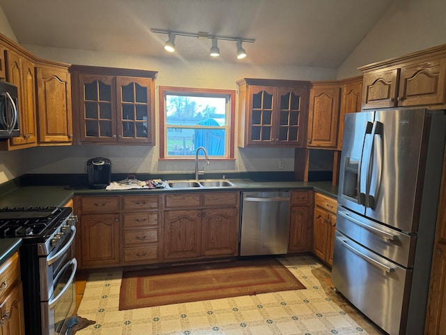 kitchen with lofted ceiling, sink, stainless steel appliances, and rail lighting