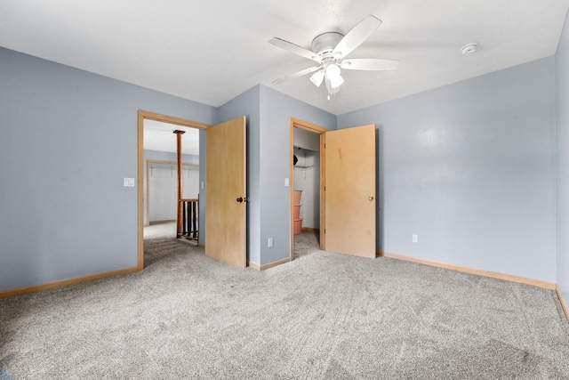 unfurnished bedroom with a closet, light carpet, and ceiling fan