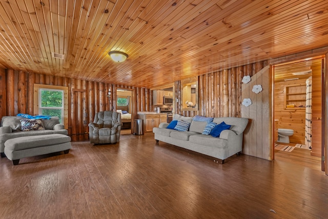 living room with wood ceiling, hardwood / wood-style flooring, and wooden walls