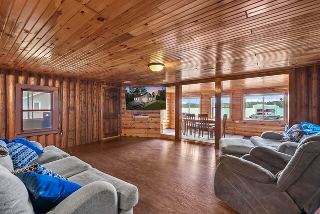 living room with wood walls, wood-type flooring, and wooden ceiling