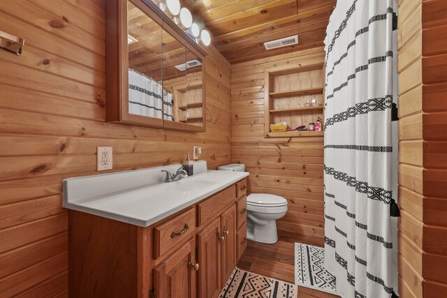 bathroom with hardwood / wood-style flooring, wooden ceiling, toilet, vanity, and wooden walls