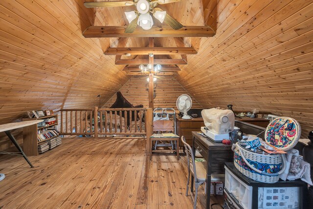 bonus room featuring lofted ceiling with beams, wood-type flooring, wooden ceiling, and wood walls