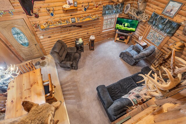 living room with rustic walls