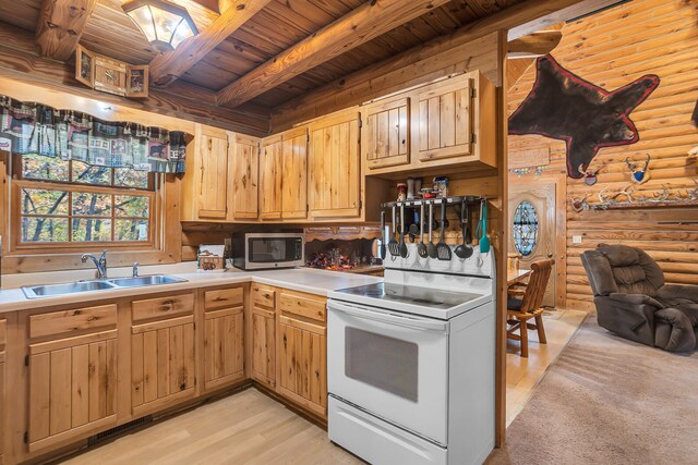 kitchen with sink, wooden ceiling, beamed ceiling, white electric range, and rustic walls