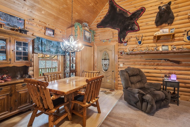 dining room with an inviting chandelier, high vaulted ceiling, wooden ceiling, light hardwood / wood-style floors, and log walls