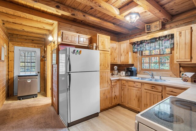 kitchen with sink, wooden ceiling, light hardwood / wood-style flooring, and white refrigerator