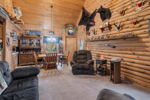 unfurnished living room featuring wood ceiling, high vaulted ceiling, and carpet floors