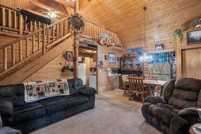 living room featuring wood ceiling, carpet floors, high vaulted ceiling, and wood walls