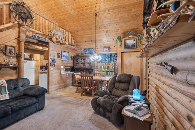 living room with wooden ceiling, light colored carpet, a chandelier, high vaulted ceiling, and wood walls