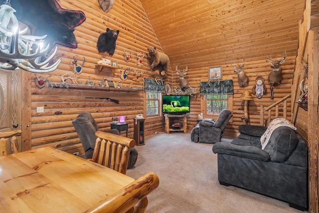 living room with wood ceiling, high vaulted ceiling, carpet, and rustic walls