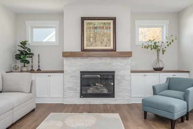 living room featuring light hardwood / wood-style floors and a fireplace