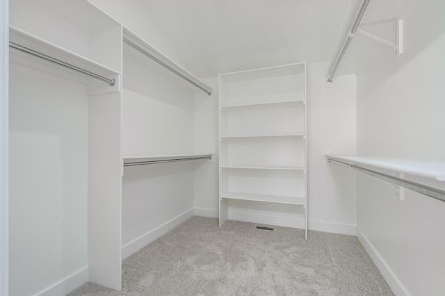 walk in closet featuring light carpet