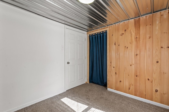 empty room featuring wooden walls and carpet flooring