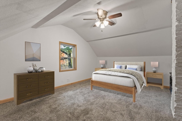 bedroom with lofted ceiling, carpet, and ceiling fan