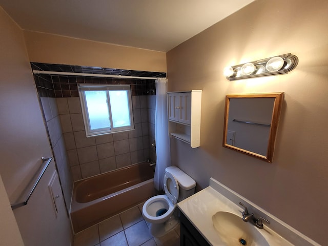 full bathroom with toilet, tile patterned floors, vanity, and shower / tub combo with curtain