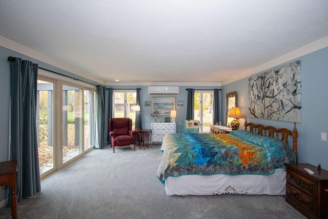 carpeted bedroom with ornamental molding, access to exterior, and an AC wall unit