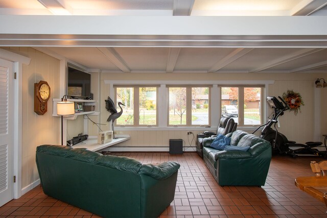 living room featuring a baseboard heating unit and plenty of natural light