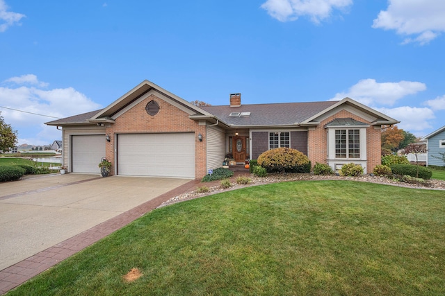 ranch-style house with a garage and a front lawn