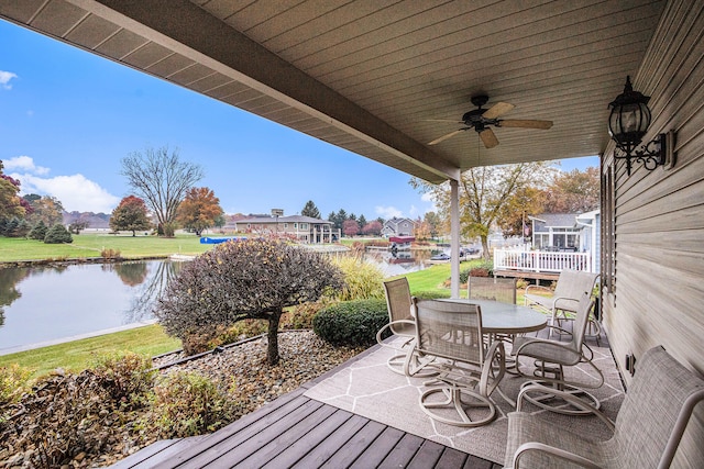 view of patio / terrace featuring a water view and ceiling fan