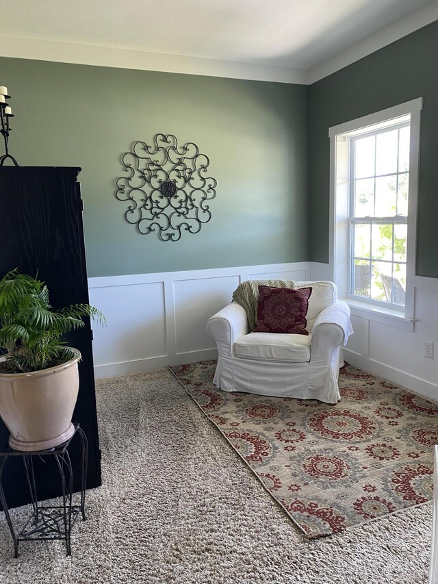 sitting room featuring ornamental molding and carpet