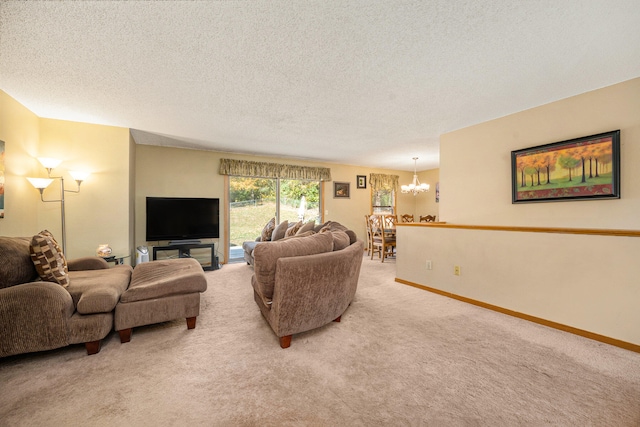 living room with light carpet, a textured ceiling, and a chandelier