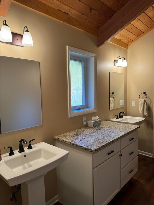 bathroom featuring lofted ceiling with beams, wood-type flooring, wooden ceiling, and sink