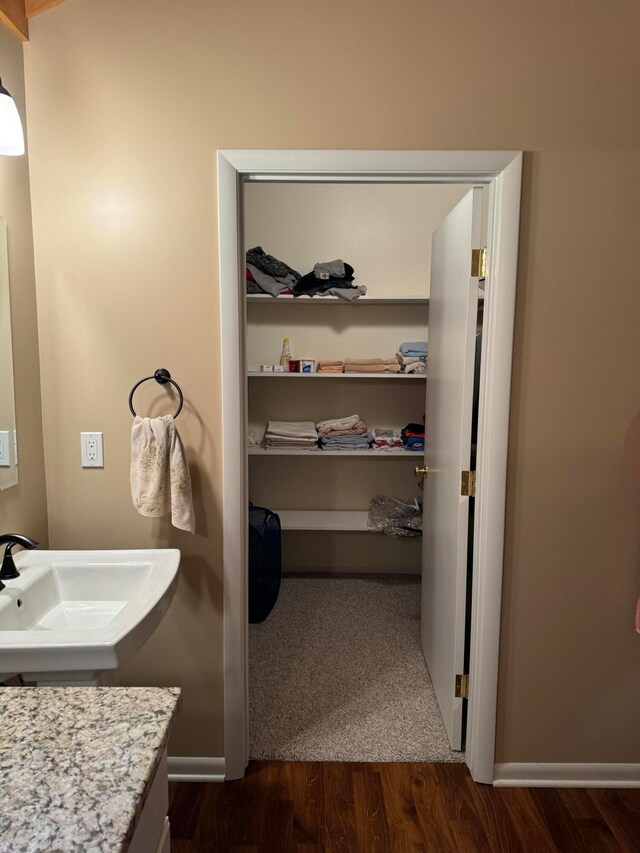 bathroom featuring vanity and hardwood / wood-style floors