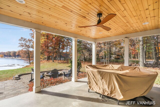 sunroom with a water view, wooden ceiling, and ceiling fan