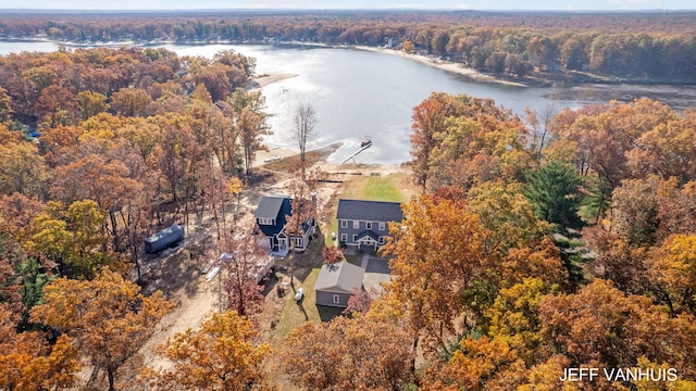 drone / aerial view with a water view