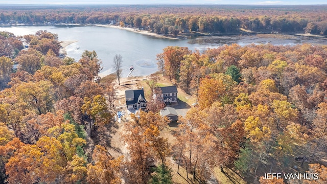 drone / aerial view with a water view