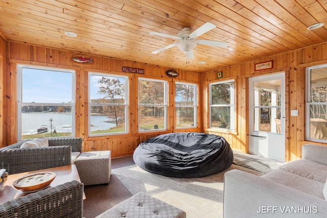 sunroom / solarium featuring wood ceiling, a water view, and ceiling fan