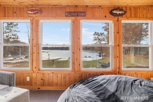 bedroom featuring wood ceiling, a water view, and wood walls