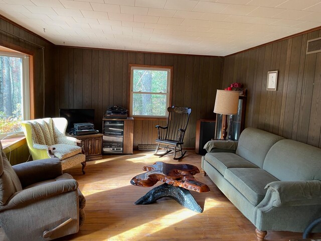 living room with light hardwood / wood-style flooring and wooden walls