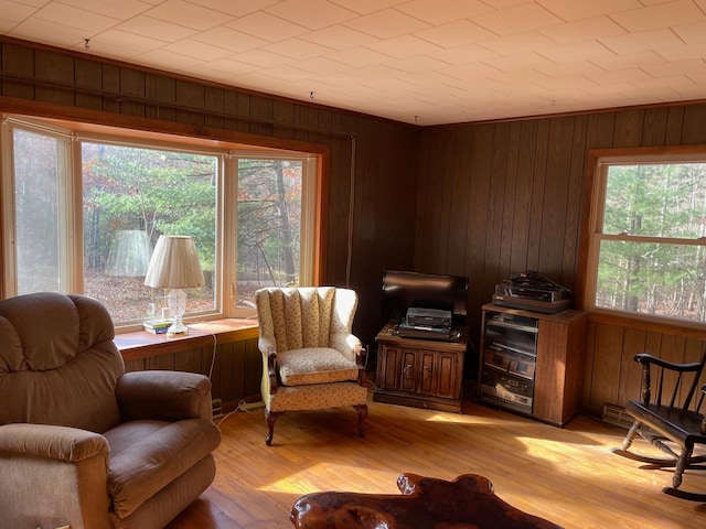 living area with light hardwood / wood-style floors and wood walls