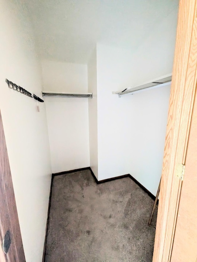 spacious closet featuring dark colored carpet