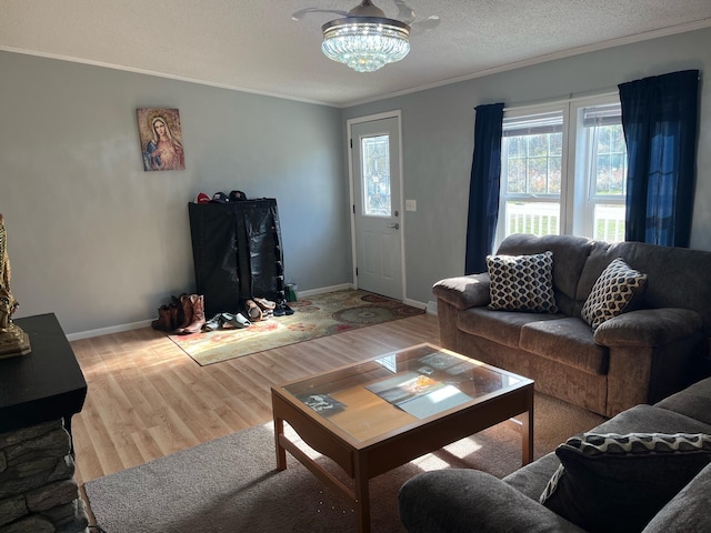 living room featuring hardwood / wood-style floors, crown molding, and a textured ceiling